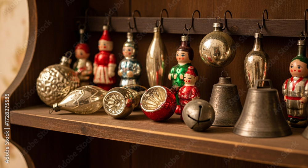 Obraz premium A charming display of vintage christmas ornaments and bells arranged on a wooden shelf, capturing the essence of a nostalgic holiday celebration