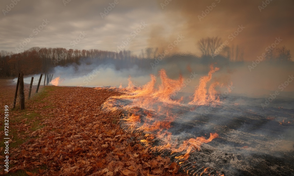 Fototapeta premium Field aflame, fence bordering leaves, smoke rising under a cloudy sky