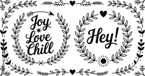Botanical Graphic Design with Joy Love Chill Hey Lettering and Decorative Elements for Branding