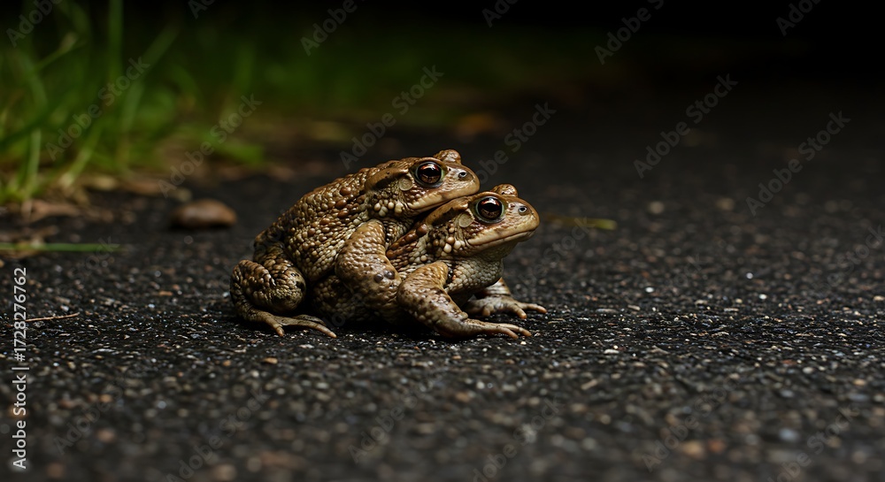 Obraz premium Frogs mating nighttime roadside