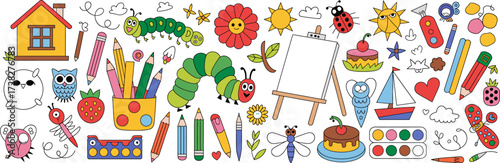 Cheerful Doodle Seamless Pattern Background with House Animals and Artistic Elements for Children