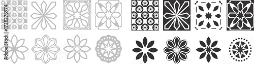 Collection of Geometric Floral Vector Patterns in Black and Gray Scale for Design Projects and Decor