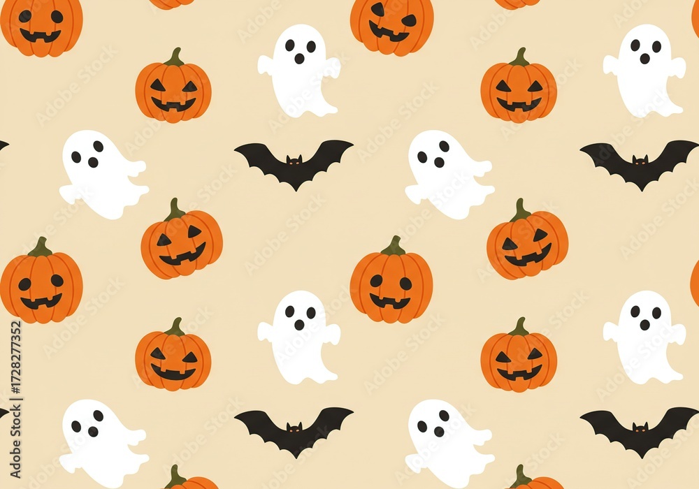 Naklejka premium Halloween Pattern with Pumpkins, Ghosts, and Bats.