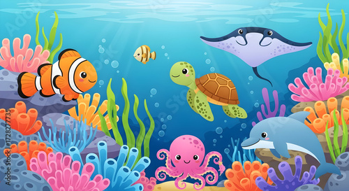 Whimsical underwater scene with colorful coral reef teeming with friendly sea creatures