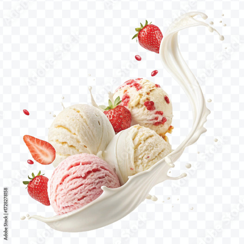 realistic creamy vanilla and strawberry ice cream scoops with milk splash in different style isolated on transparent background