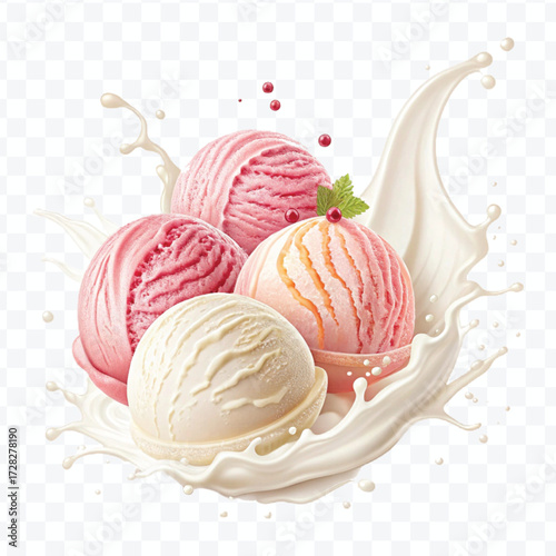 realistic creamy vanilla and strawberry ice cream scoops with milk splash in different style isolated on transparent background