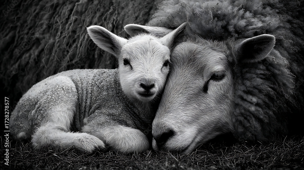 Fototapeta premium A black and white photo of a lamb cuddling up with its mother sheep (2)