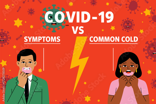 Comparing COVID 19 and Common Cold Symptoms with People Illustration and Virus Icons Educational 