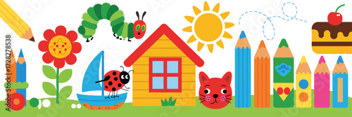  Colorful Illustration of Childhood Objects and Characters Depicting Creativity Playfulness and Learn