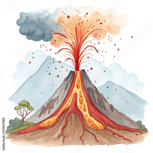 watercolor volcano eruption, red lava, smoke, mountains clip art preview