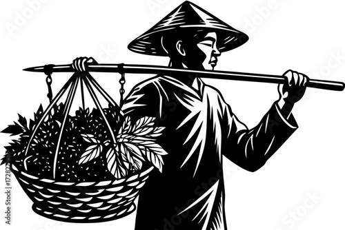 Black Silhouette of an Asian Farmer Carrying a Harvest Basket on a Pole Vector