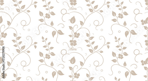 Elegant floral pattern featuring delicate beige flowers and winding branches on a white backdrop
