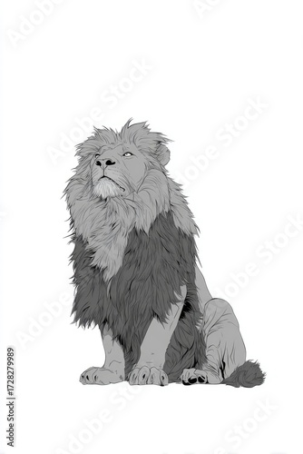 A grayscale illustration of a majestic lion, seated and gazing upward, showcasing detailed mane and fur textures.