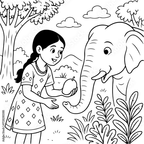 Grandma storytelling under neem tree in Tamil village – line art illustration 