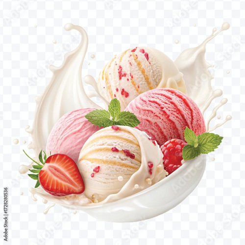 realistic creamy vanilla and strawberry ice cream scoops with milk splash in different style isolated on transparent background