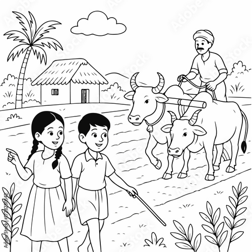 Grandma storytelling under neem tree in Tamil village – line art illustration 