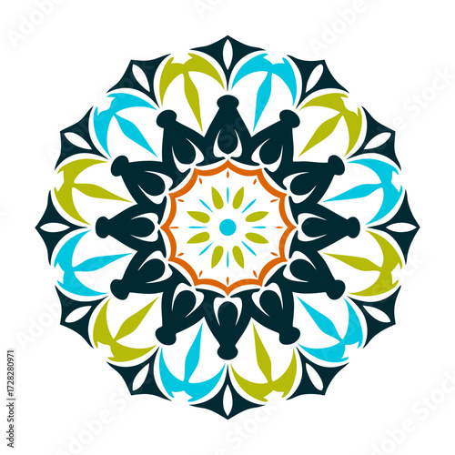 Abstract Symmetrical Floral Mandala Pattern Design Symmetrical pookalam flower rangoli with layered petals in a circular mandala-like pattern Onam