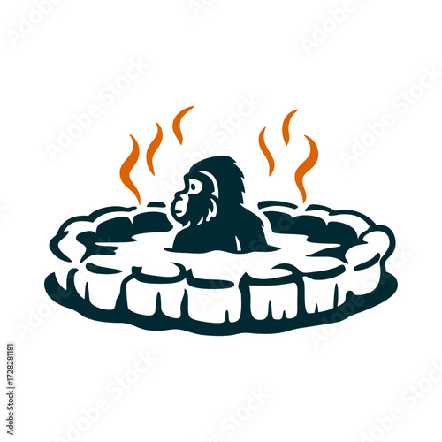Snow Monkey Hot Spring Cartoon Illustration Yuki Matsuri Snow Monkey Festival Snow covered hot spring with a single monkey silhouette in profile