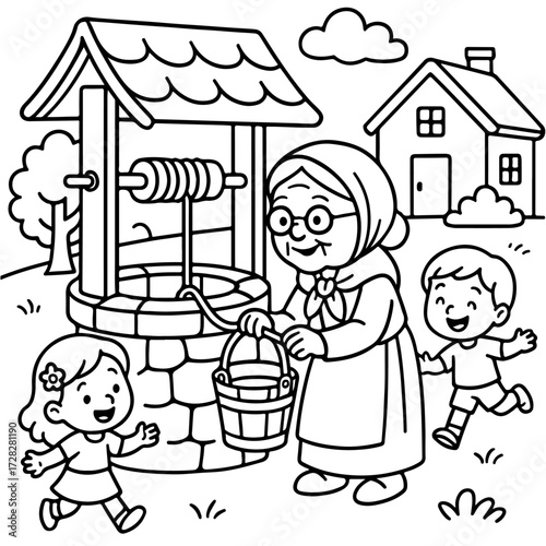 Grandma storytelling under neem tree in Tamil village – line art illustration 