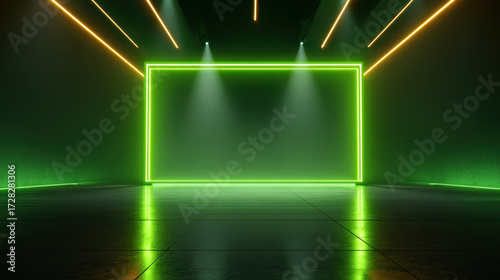 Futuristic empty stage with glowing green neon frame and yellow linear lights on dark background, creating vibrant and modern atmosphere with reflective floor