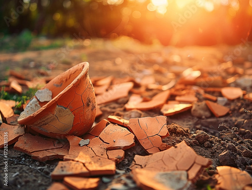 Broken clay pot pieces scattered on the ground with warm sunlight background