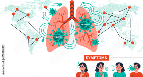 Global Spread of Pneumonia Infection Visualizing Symptoms and Impact with World Map and Lungs Illustration