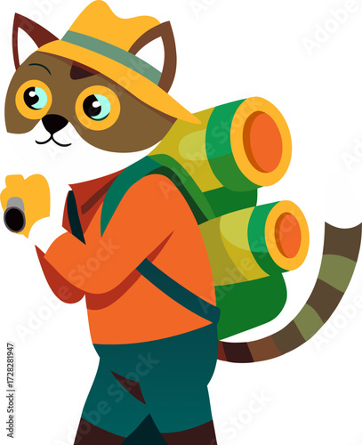 A cute, anthropomorphic raccoon character dressed as an explorer, wearing a hat and backpack, holding a camera, ready for an outdoor journey.