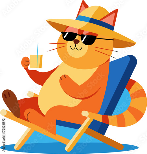 A cheerful orange tabby cat wearing a straw hat and sunglasses relaxes in a blue beach chair, holding a drink and enjoying a sunny vacation.