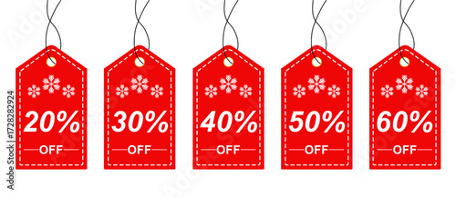 Red Discount Sale Tags Collection with Percentage Offers. Vector Illustration of Price Labels for Seasonal Promotion, Shopping, Marketing, and E-commerce Design