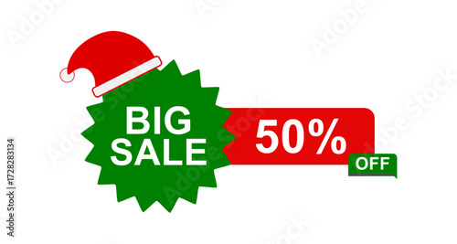 Christmas Big Sale Banner with 50 Percent Discount Offer. Festive Vector Illustration with Santa Hat for Holiday Shopping, Marketing, and Promotion Design. Holiday Season Discount Label with 50% Off S