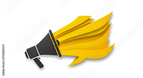 Megaphone icon with dynamic yellow sound waves, symbolizing loud announcements, marketing, and communication.