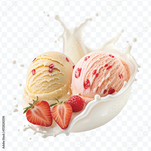 realistic creamy vanilla and strawberry ice cream scoops with milk splash in different style isolated on transparent background