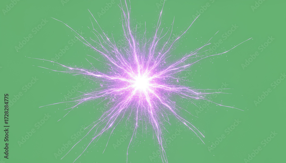 Fototapeta premium Abstract representation of energy with vibrant pink sparks against a solid green background, symbolizing innovation and creativity.