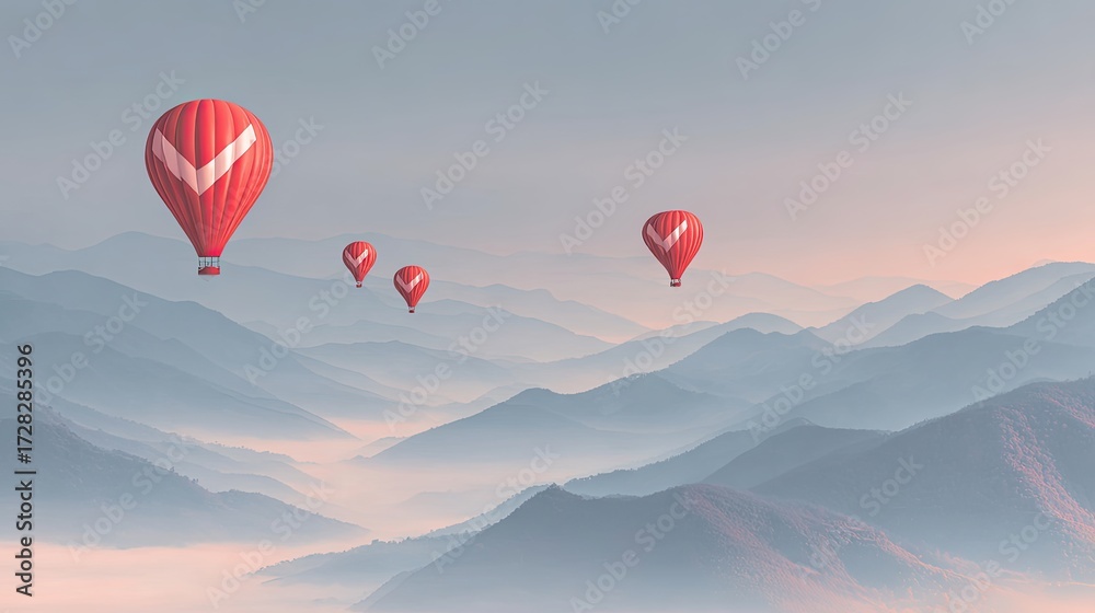 Fototapeta premium Hot Air Balloons Floating Over Misty Mountains at Sunrise