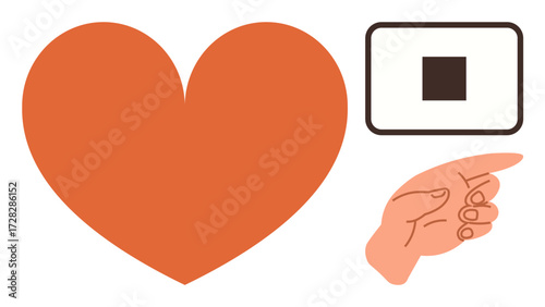 Red heart, square stop button, and pointing hand symbolize decision-making, love, priorities, and awareness. Ideal for emotional health, mindfulness, relationships stress awareness