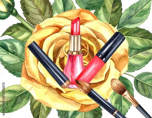 Watercolor illustration of makeup and roses (1)