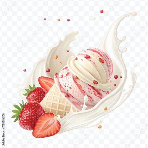 realistic creamy vanilla and strawberry ice cream scoops with milk splash in different style isolated on transparent background