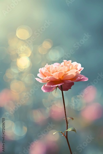 Soft focus peach rose bloom with bokeh background and delicate stem