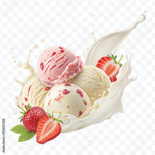 realistic creamy vanilla and strawberry ice cream scoops with milk splash in different style isolated on transparent background