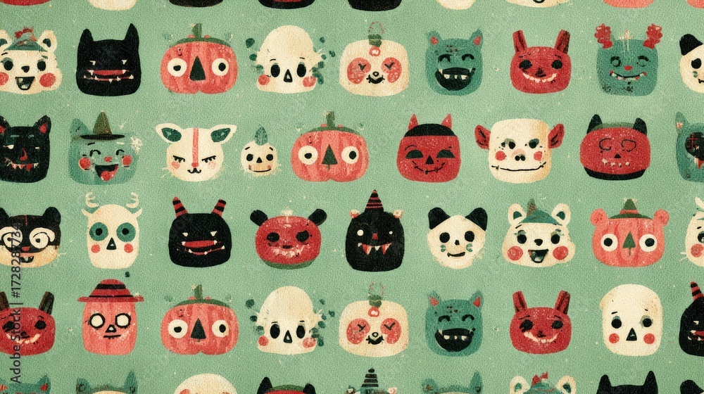 Fototapeta premium Colorful Halloween Pattern with Cute Ghosts and Monsters for Decor