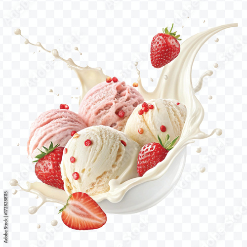 realistic creamy vanilla and strawberry ice cream scoops with milk splash in different style isolated on transparent background