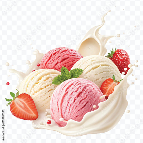 realistic creamy vanilla and strawberry ice cream scoops with milk splash in different style isolated on transparent background