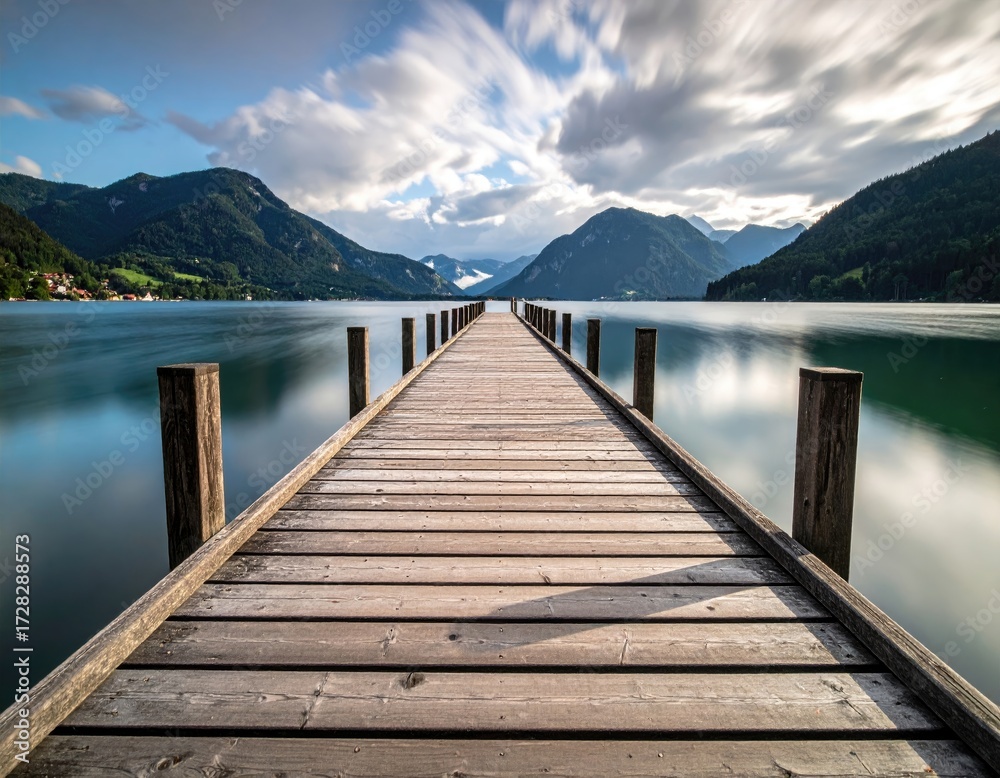 Fototapeta premium Wooden Dock Leading to Calm Lake Surrounded by Green Mountains Under Cloudy Sky Serene Waters Tranquil Scene Long Exposure Photography Landscape