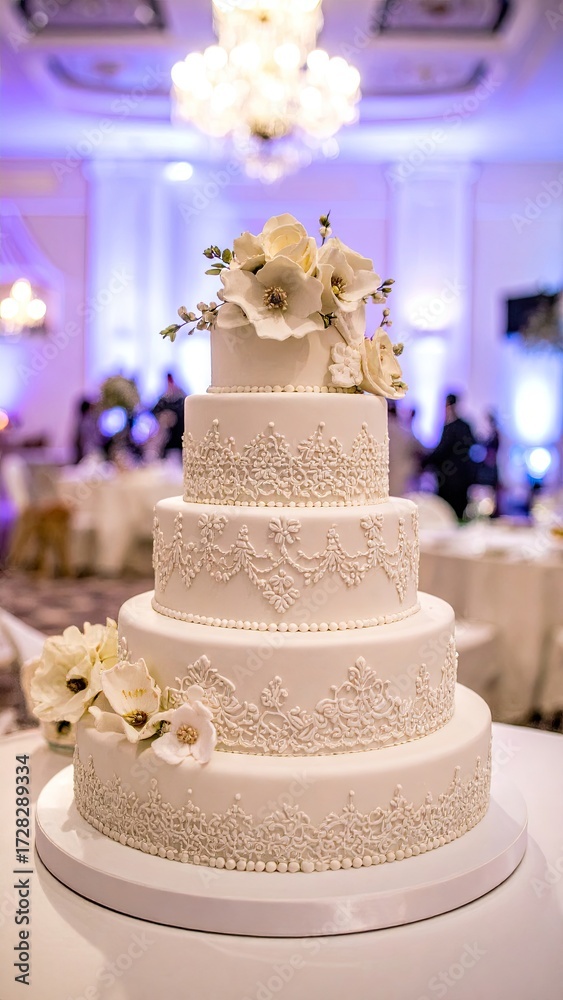 Fototapeta premium Elegant White Wedding Cake with Intricate Lace and Floral Decorations.