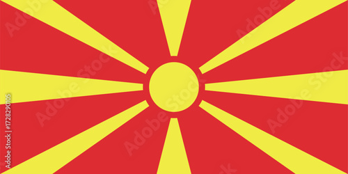 Flag of North Macedonia featuring a yellow sun with eight rays on a red field.