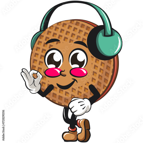 funny stroopwafel mascot character cute round waffle vector illustration listening to headset while dancing, work of hand drawn