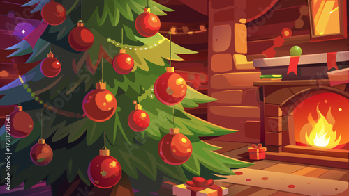 Cozy christmas scene with a decorated tree and a warm fireplace