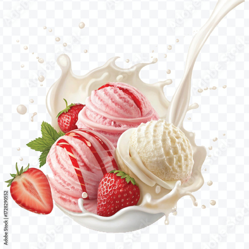 realistic creamy vanilla and strawberry ice cream scoops with milk splash in different style isolated on transparent background