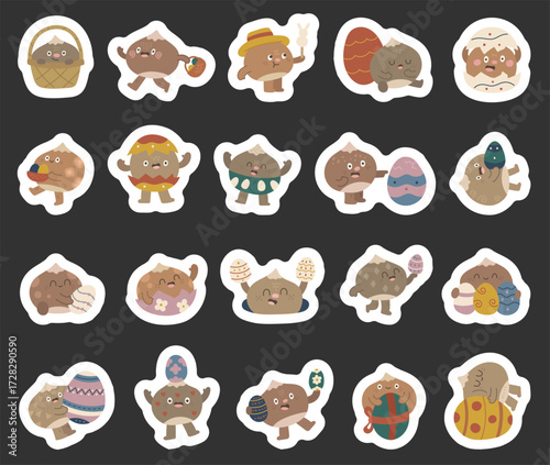 Easter chestnut character set in scandinavian style with cute cartoon different poses and funny emotions holding decorated eggs, bowl, baskets and celebrating spring holiday