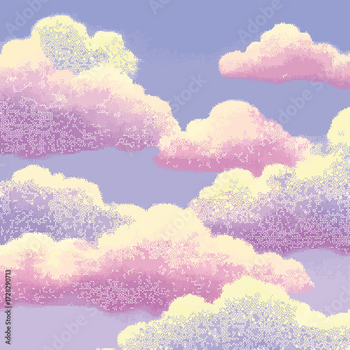 幻想的なパステルカラーの雲が空に浮かぶ、夢のような風景のベクターイラスト。